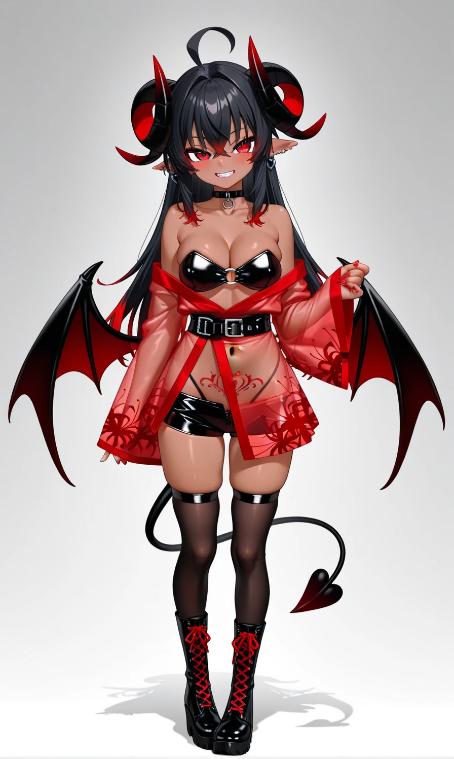 (((anime coloring, manga style))), Mulher, Calcinha preta, black bra, bare feet, Asas negras, chifres vermelhos escuros, ((pupilas de olhos vermelhos)), (Seios Grandes), coxas grandes, (tatuagens no tronco), Standing, (Pernas abertas), olhando para o espectador, Corpo todo
