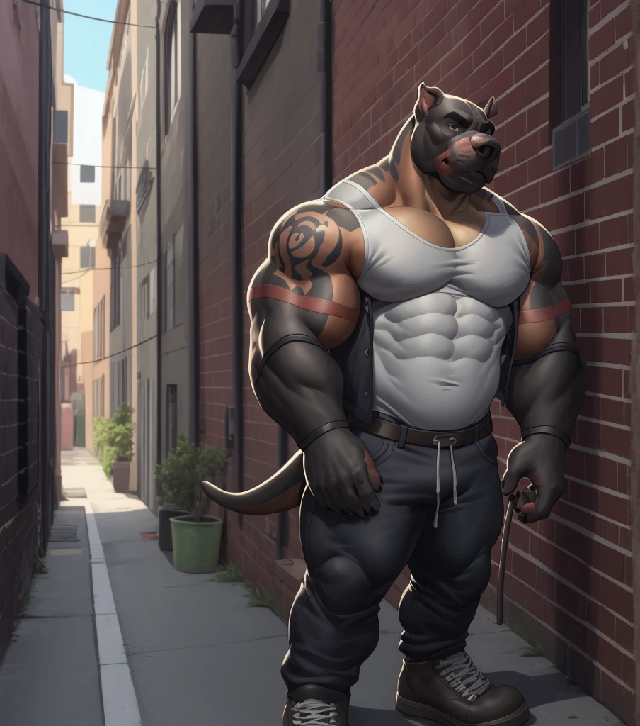 Solo, male, muscular, giant, enormous, buff, strong, massive biceps, massive pecs, canine, big bulge, by darkgem, by mystikfox61, by glitter trap boy, alleyway, newfoundland, newfoundland dog he’s pants began to rip