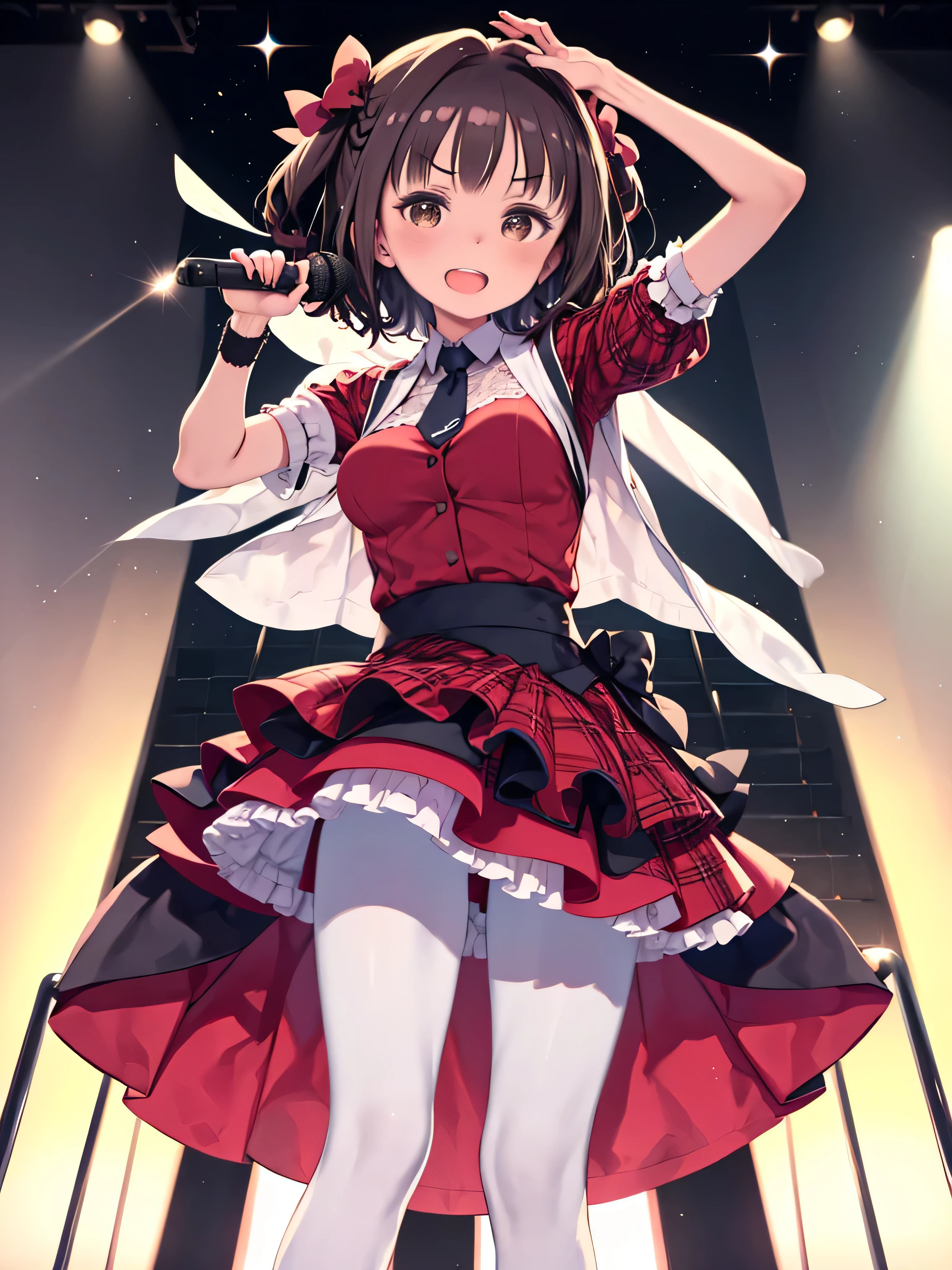 CG, Unity, 8K, wallpaper, Highest quality, masterpiece, cute girl is singing, Amami Haruka, (smile: 1.3), Please open your mouth wide, Small symmetrical ribbons on either side of the head, (Red Skirt: 1.3), (Skirt Lift:1.5), break, (White Stockings: 1.3), Sweaty, Best lighting, Complex pupil, Complex weaving, Detailed Background, on stage, Particles of light, Singing on stage as a top idol