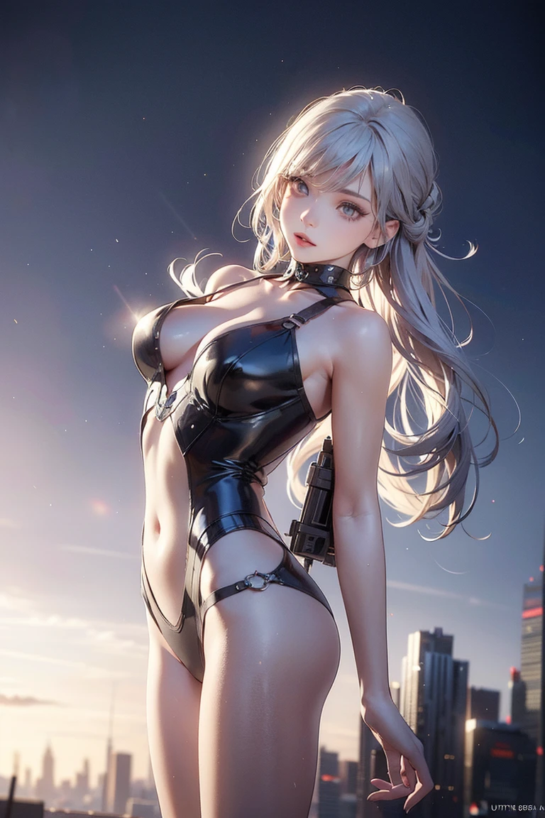 optimum,tmasterpiece,A high resolution,best qualtiy,hyper HD,super detailing,Award-Awarded,16k,独奏,(The upper part of the body),anatomy correct,Beautiful cyberpunk girl,cute face,,Gradient Beige Hair,Hairline,((Scarlet eyes)),long eyelasher,Hanging eye corners,White skin of the,(small boobs),(Slim body),((Women's super cropped shawl coat)),((tutu)),ear studs,(neck rings),(Laser material clothing:1.2)