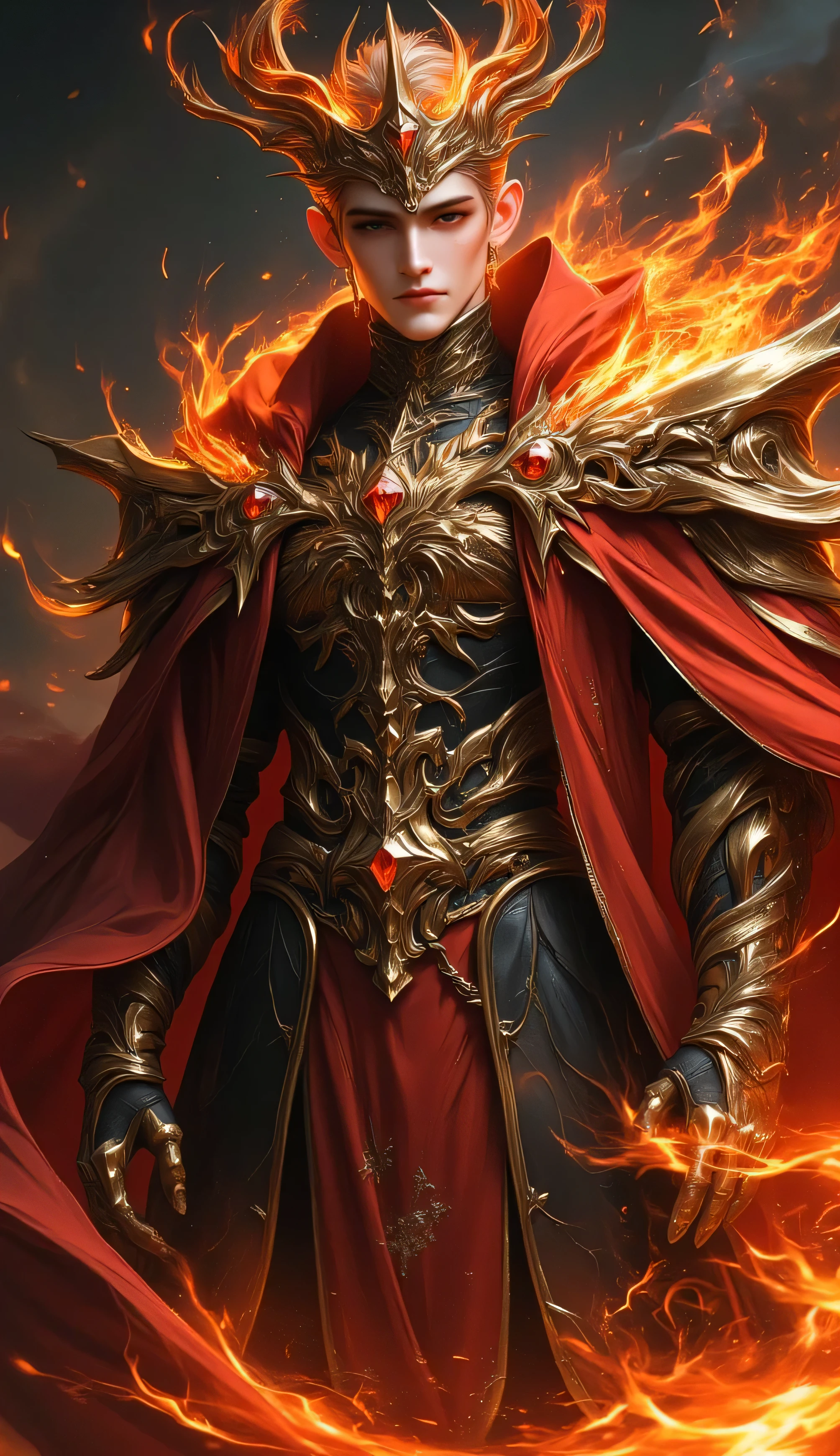 Hyper 4K ultra-detailed cinematic portrait of a stoic fire king cloaked in blazing red and black royal robes, adorned with intricate golden armor and glowing ruby embellishments. His sharp eyes burn with silent intensity beneath a magnificent molten gold crown shaped like fire itself. Ember and flame swirl around him, igniting the background with infernal energy. His regal posture radiates dominance, power, and an unyielding spirit. Ultra-high detail in textures—metallic filigree, embroidery, and glowing embers. A fantasy masterpiece of elemental wrath and imperial majesty.

