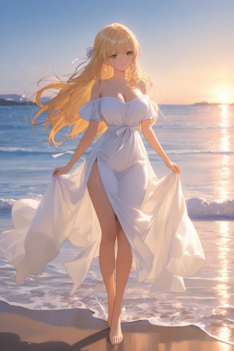 Anime girl with blonde hair on a beach, sensual full body nude.