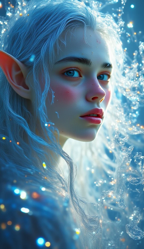 Complete and real image. Beautiful elf, similar to a , with big eyes, smiles mischievously and curiously, wears loose clothing, and has iridescent wings. Photorealism, full view, highly detailed image, very realistic, hyperrealism, Ultra HD, 8k, 5, sharp focus, intricate and mysterious masterpiece. (Long exposure photography Highly detailed close-up portrait art illustration: final quality, medium shot, backlit, Rich and eye-catching. Enigmatic and mysterious manipulations (composition of the rule of thirds), ((detailed environment with strong lines) The best quality, in camera, white light, warm and clean aesthetics, dazzling screen composed of millions of brilliant ultraviolet rays, HDR.