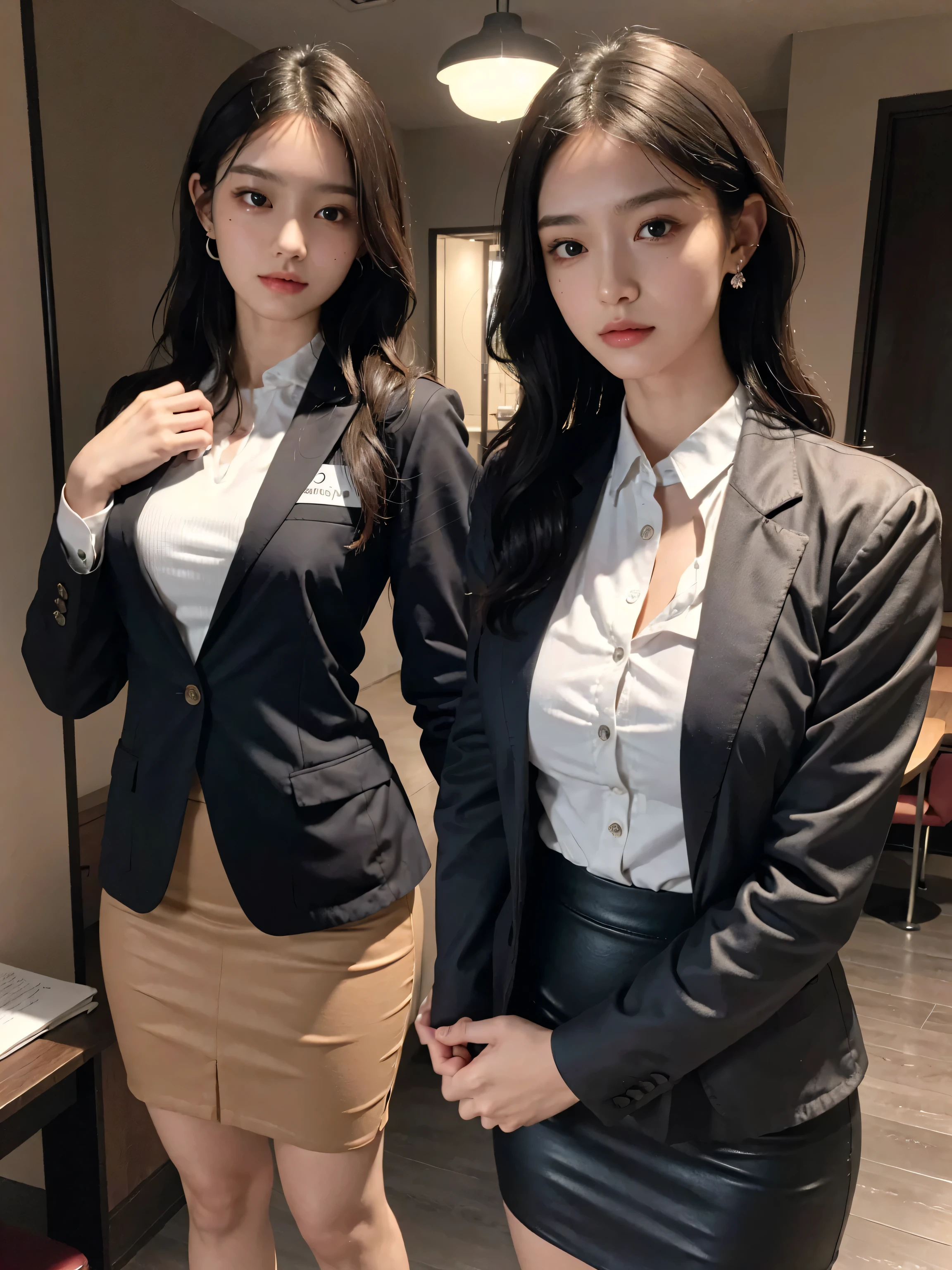 absurdres, RAW photo, extremely delicate and beautiful, masterpiece, Best Quality, ultra high resolution, 32k, hyperrealistic, ultra-detailed, perfect anatomy, perfect figure, super Detailed skin, Very detailed CG 8k wallpaper, very Slim body, narrow waist, very small head, very small face, delicate facial features, tearful mole, earring, thin legs, (very huge round breasts:1.3), (full body shot:1.1), (2 girls:1.2), short hair, (wavy hair:1.2), wet clothes, (business suit:1.3), (blazer:1.2), (collared dress shirt:1.1),