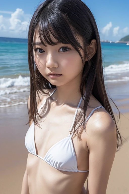 (at beach, 1 girl, small breasts, low twintails, white micro bikini:1.5), fair-skinned, glossy lips, medium hair, skinny, body type, delicate and sexy clavicle, highest quality, RAW photo, realistic, face, incredibly ridiculous beautiful girl, cute, Depth of bounds written, High resolution, ultra detail, detailed, Very detailed, extremely detailed eye and face, sharp pupils, sharp focus, Moody Lighting