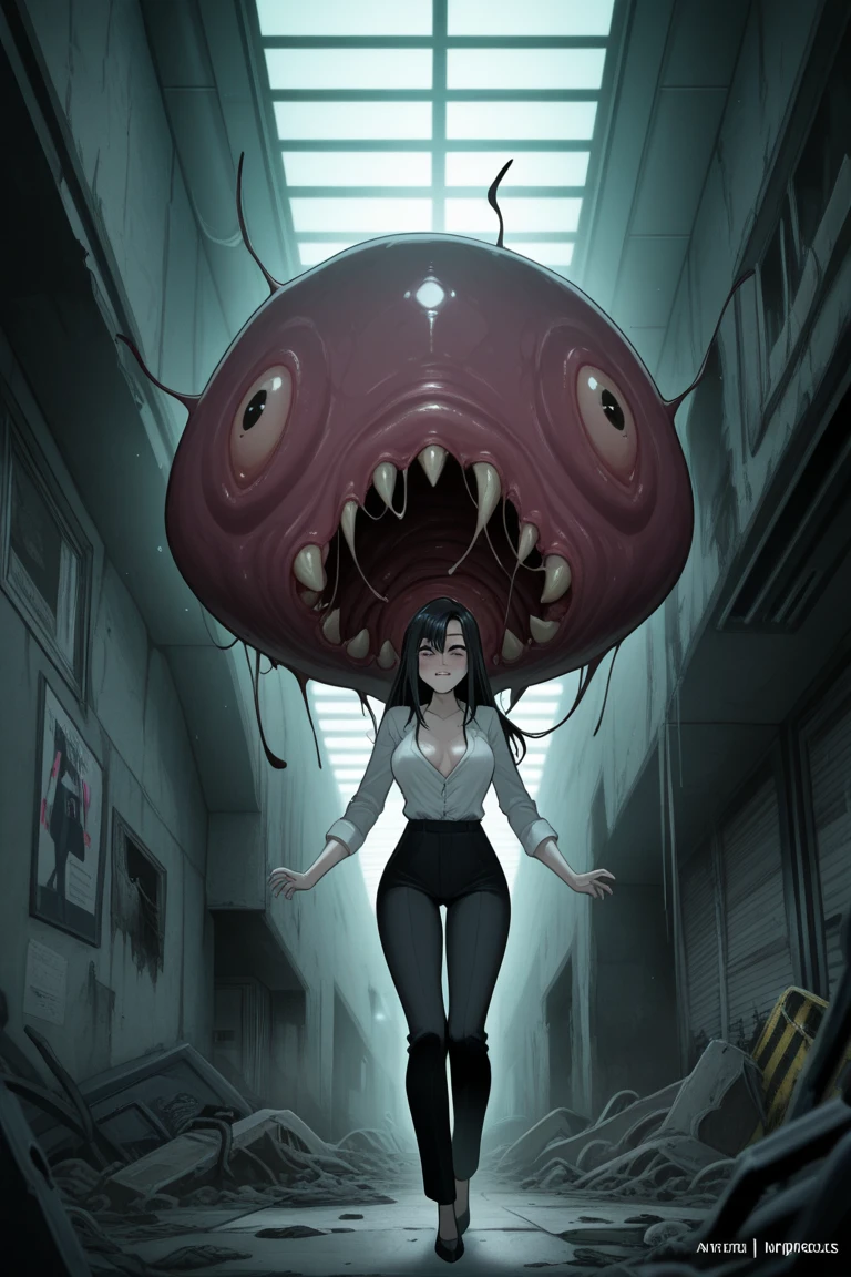 a giant transparent slime monster, towering over a human woman, devouring and dissolving her clothes, dark fantasy, night scene