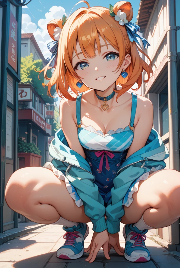 -Miku-season2,long hair,anime coloring,anime screen capture, 16yo,smile,sleeveless sweater, cleavage, micro skirt,white panties,whole body,beautiful toned legs,large breasts,downtown,masterpiece,best quality,super fine illustration,shiny skin,detailed skin,detailed face,detailed eyes,an extremely cute and beautiful
