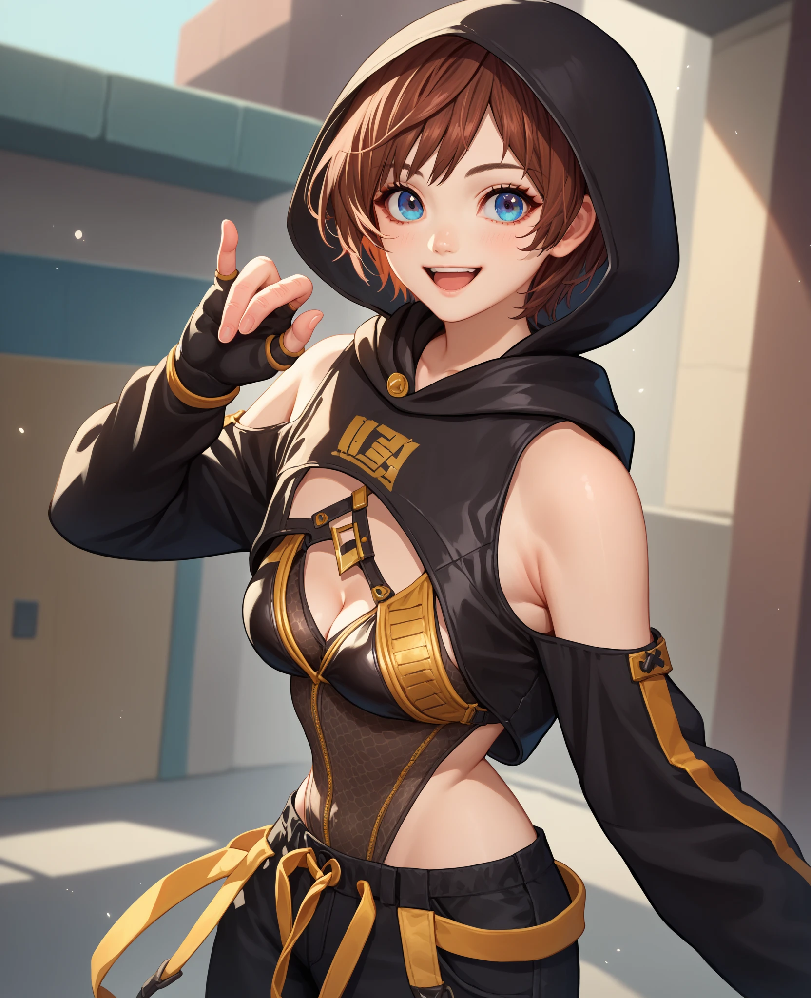 score_9, score_8_up, score_7_up, score_6_up, source_anime, 1girl, solo sblily, brown hair, short hair, blue eyes, leotard, cleavage, hood down, black sleeves, clothing cutout, bare shoulders, long sleeves, black pants, fingerless gloves, brown boots, wink, smile, closed mouth, big breasts, leaning forward, looking at you, happy, hallway,behind view