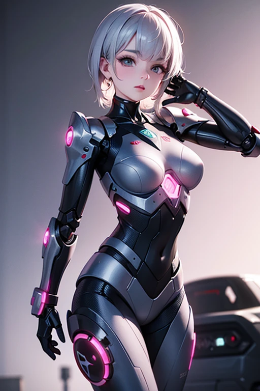 Woman body defined thick thighs cybernetic body parts, short underwear