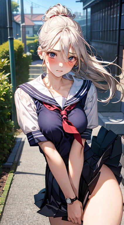 Beautiful illustration、top-quality、Cute little girl s、Bedroom、the hair、long whitr hair、(((pleatedskirt)))、(((a sailor suit)))、short- sleeved、Super big breasts、a navel、Flipping up her skirt with her hands、showing white panties、Pull up the skirt，The reveal panties、Translucent white stockings、eBlue eyes、on top of the bed、Lovely thighs、glowing thigh