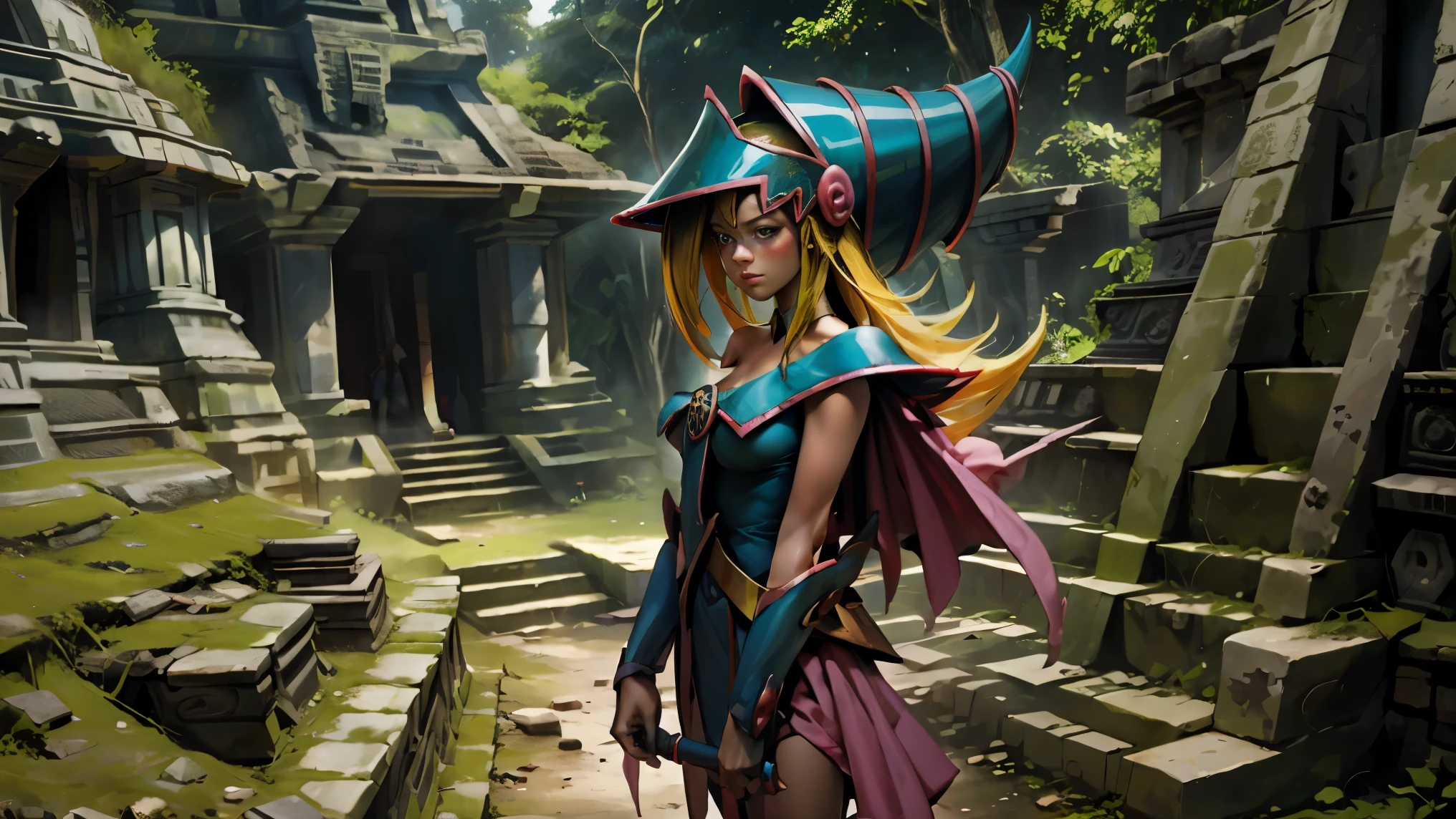 Dark magician taking a selfie in some Mayan ruins. Ella tiene cabello rubio. ojos azules. Labios rojos. Se toma una selfies en unas ruinas mayas. Selva y jaguares a si alrededor