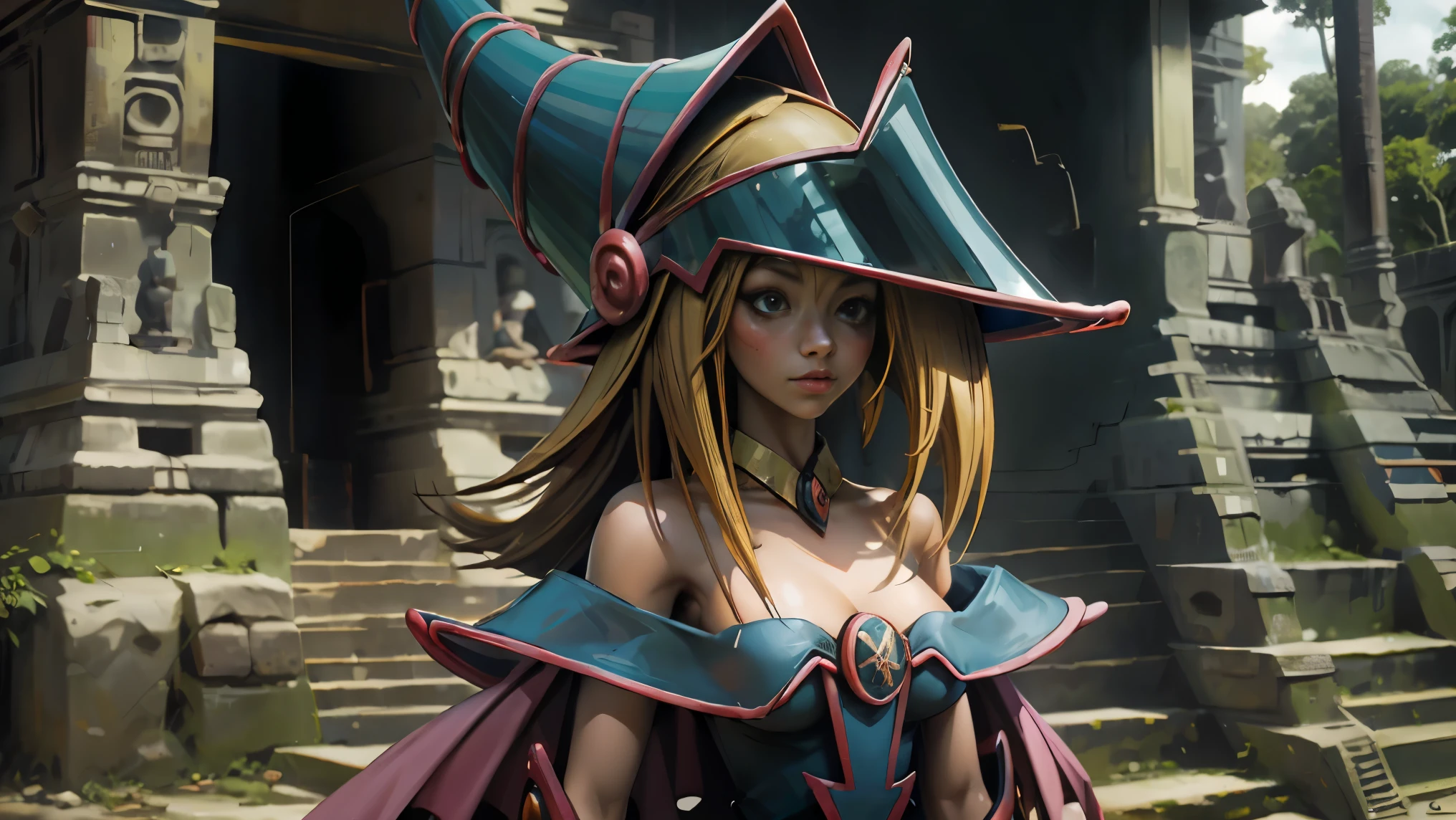 Beautiful dark magician gils. she is in the mayan jungle. In the middle of the Mayan ruins of Tikal.