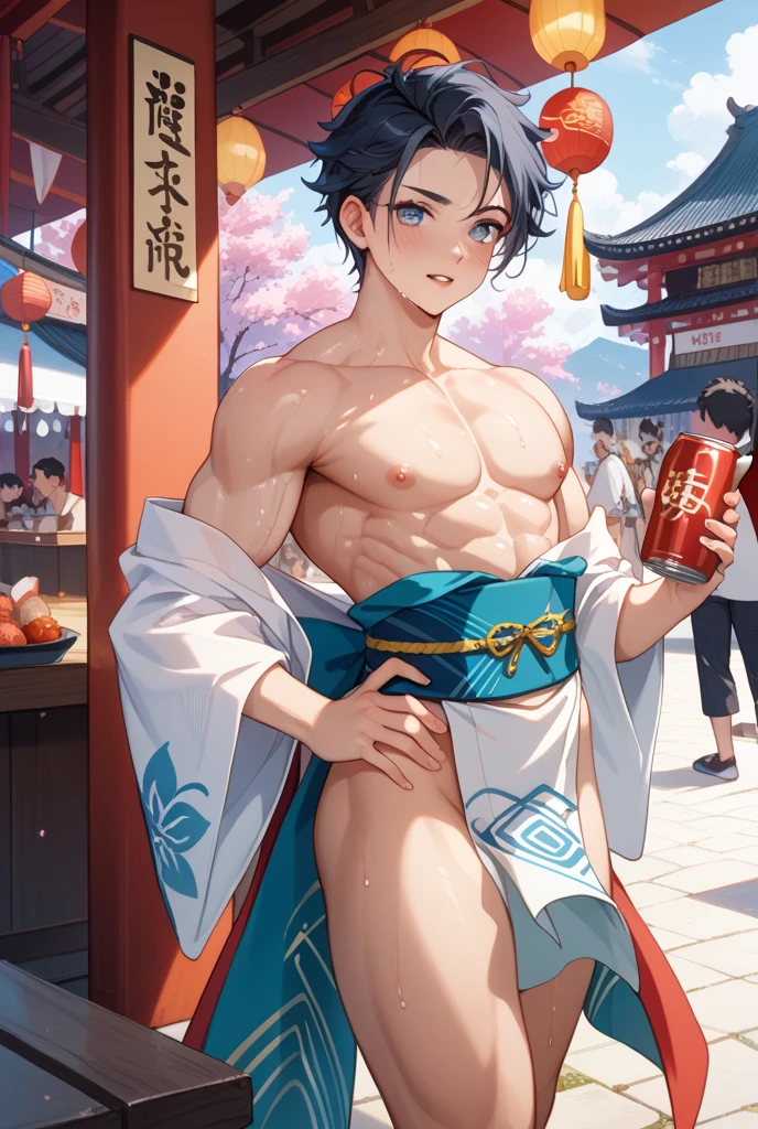 Japanese man wears no shirt, six pack, smiles, wears underwear, eats ice cream under a cherry tree.