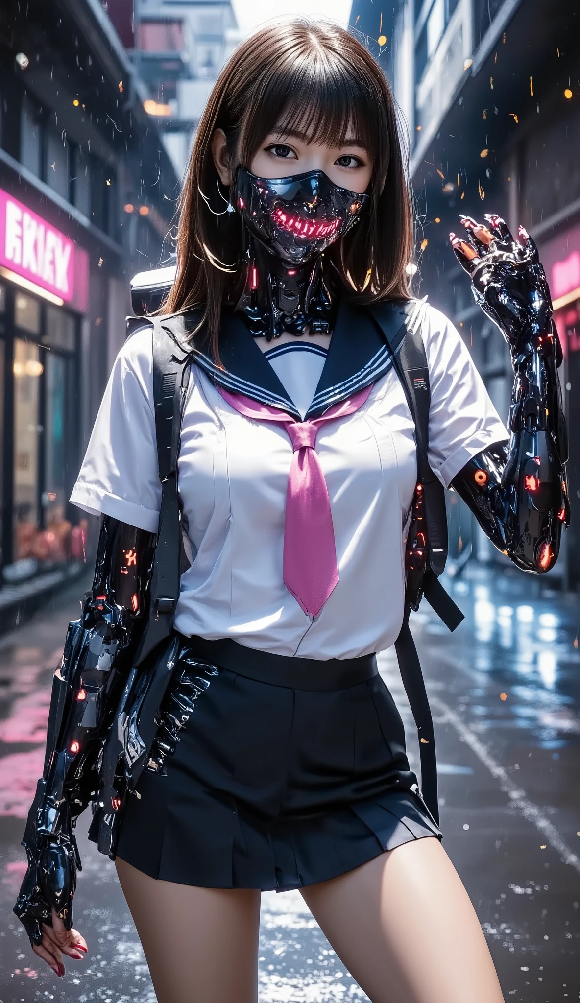 (Highest quality), future, (((highschool girl))), Troopers, Asymmetrical black exoskeleton suit with backpack, superhero young female called "Captain JK", naked frontal, sexy costume, pleats skirt, highschool skirt, highschool uniform, inspired by a suit from Marvel Studios but without being ridiculous, a little lujubrious and damaged and who is in a fighting position, show off 5 fingers for viewer, arm on under chest, from chest up, bare thick thigh, white base and pink line and little bit red glowing point, mascaraed mask, hero mask, pony tail, bare frontal, sexy costume, on house of rooftop, Led, Gas mask with glaring gargle, holding teddy bear, mechanical, Digital Sculpture, super High resolution, Absurd, Deep shine effect, High resolution, Particles of light, Cinema Lighting, Depth of written boundary, ready for action pose, Narrow passage, Heavy Rain, neon,