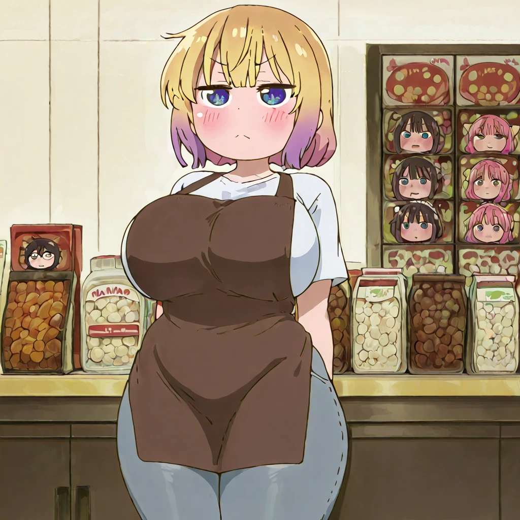 (1girl, solo:1.5), blonde hair, short hair, hairband, Purple eyes, ,nsfw , large breasts, nipple, Walking, convenience store, frozen, wet, Naked, Blind ,Temptation, Blank look,, Standing pee