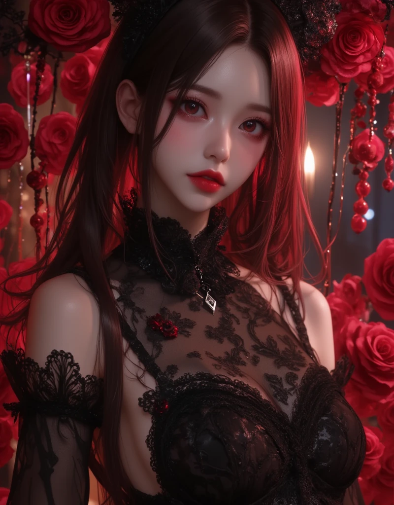 a woman with long red hair and a red dress is posing in front of butterflies, gothic maiden anime girl, High-quality, detailed artwork in 8K, intricate ornate anime cgi style, beautiful seductive anime woman, beautiful fantasy anime, seductive anime girl, Anime goddess, shadowverse style, detailed anime digital art, Beautiful Anime Woman, detailed anime art, detailed anime artwork