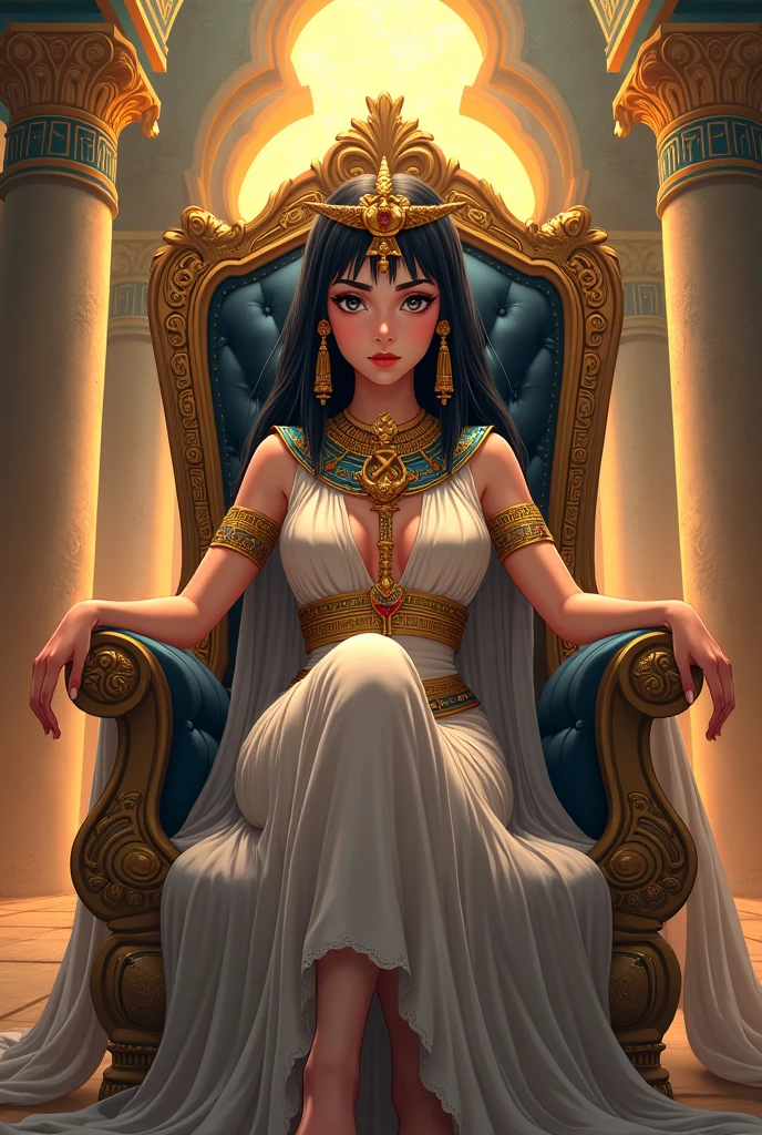 Egyptian queen sitting on her throne in anime version