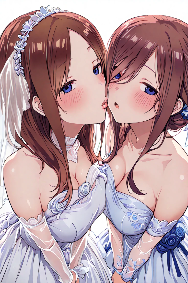 (Masterpiece, Best Quality, High Quality), from above professional artwork, well drawn, Intricate Details, (((2 girls looking at each other and after kiss))), Kousaka honoka, room, ultra detail hair, ultra detail face, perfect eyes, earring, blushing, embarrassed, white wedding dress, heavy breathing , breast press, sweating, night,under moonlight ,(sweaty:1.2), (orgasming:1.3) ,in wedding party