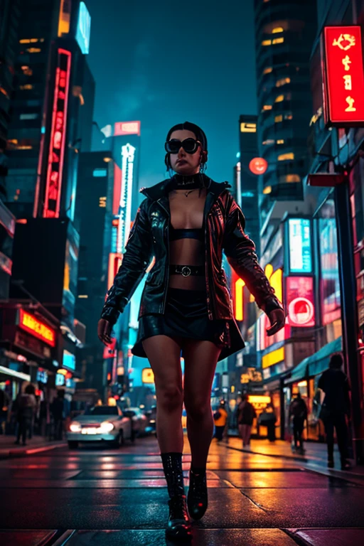 Blade Runner style futuristic Tokyo city, flying cars, neon lights, rainy night. (1girl, solo, alone), large-breast:1.2 slim body, slim face:0.6, cleavage:1.1, sexy laced lingerie, low angle view of miniskirt, jacket, (black micro sunglasses), (holding a short gun), half-body thigh level medium shot, cinematic lighting, ray tracing.