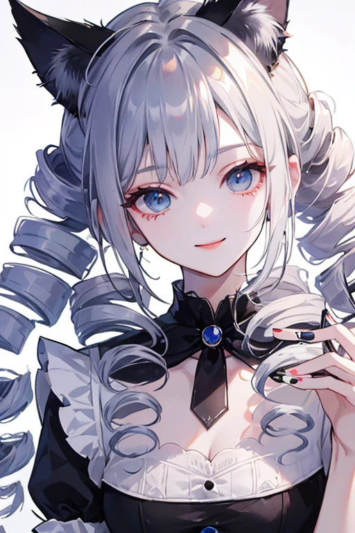 Fraction_9, Fraction_8_up, Fraction_7_up, Fraction_6_Direction_5_Direction_4_up, src_Japanese cartoons, Simple background, 1 Girl, Solitary, Belfast \(Azur Lane\), White hair, , Long hair, Black lace ribbon,Look at the camera