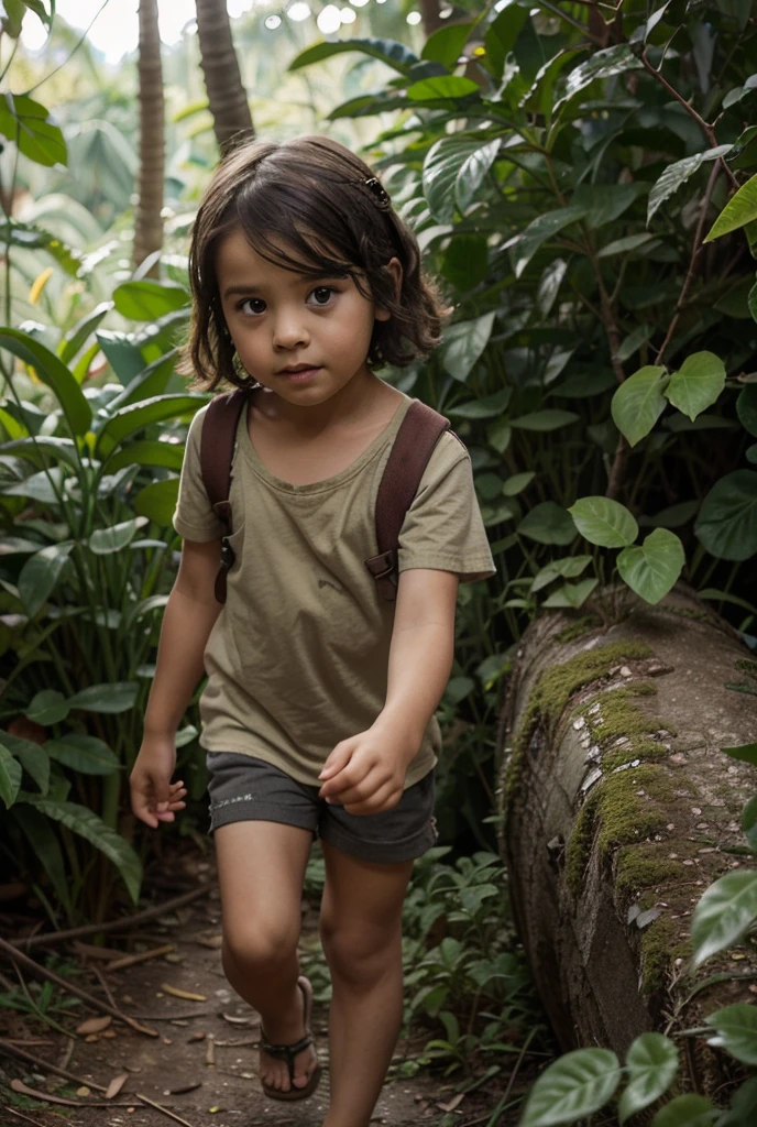 A young boy named Timmy, dressed in a worn-out explorer's hat, takes his first step into the lush, sun-dappled jungle.