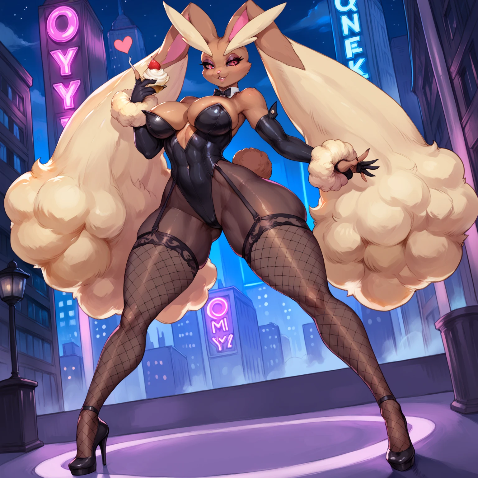 by fluff-kevlar and juiceps and chunie and wizzikt, (((lopunny, woman, breasts, antrum, extremely detailed, extremely detailed legs, extremely detailed arms, extremely detailed face, perfectly detailed eyes, perfectly detailed ???????))): 1.2, solo, perspective, curved thighs, huge thighs, curvature, unexpresive face, (tail), totally blushed, smug smile, half-closed eyes, hands over head, black leotard, Fishnet high stockings, black heels, spread legs, squatting, moan, pleasure, ahegao, tongue out