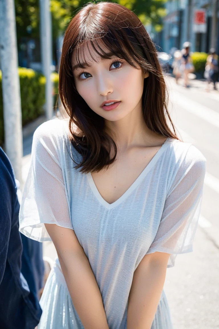 ((Peeking up a skirt)), ((Random cotton panties)), ((Strong winds)), ((Wind lift skirt)), (Shocked facial expression):1.7, Highly detailed skin, masterpiece:1.4, Photorealistic, RAW Photos, 8K resolution, Ultra HD, Perfect Style, Symmetrical eyes, Close to the audience, (Anatomically correct), ((Medium chest、Thick thighs)), ((street)), (Cowboy Shot:1.5), (Better Hands):1.7, (Show your hand):1.5