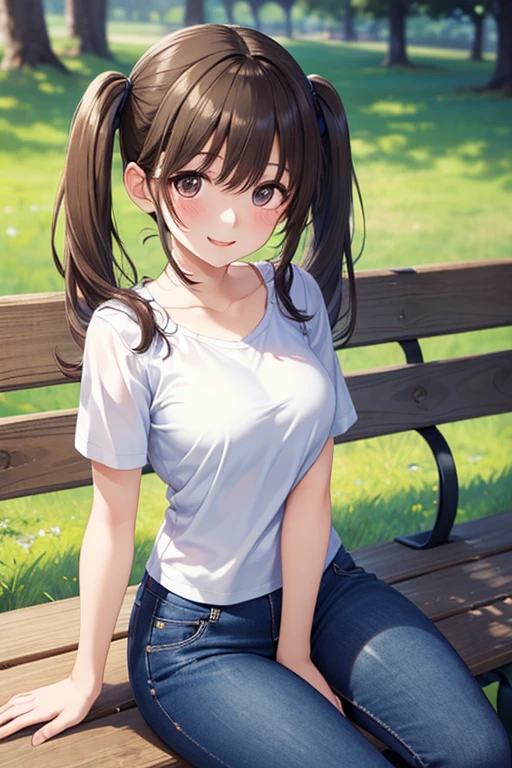 one girl、(twin tails)、Tees、denim pants、sit on a park bench、evening、Big Smiles、
、
.
,,,,
.
.
.
.
, ...
.
.
、,
,( masterpiece, best quality, high resolution, ultra high resolution, pixel perfect, depth of field, 4K, RTTX10.0),
、Anegasaki Nene, shiny brown hair, beautiful brown eyes, smiling face, sparkling pupils, (fine grain), , highly detailed face,, (masterpiece:1.2, best quality), ((only1 girl)), ((cowboy shot))