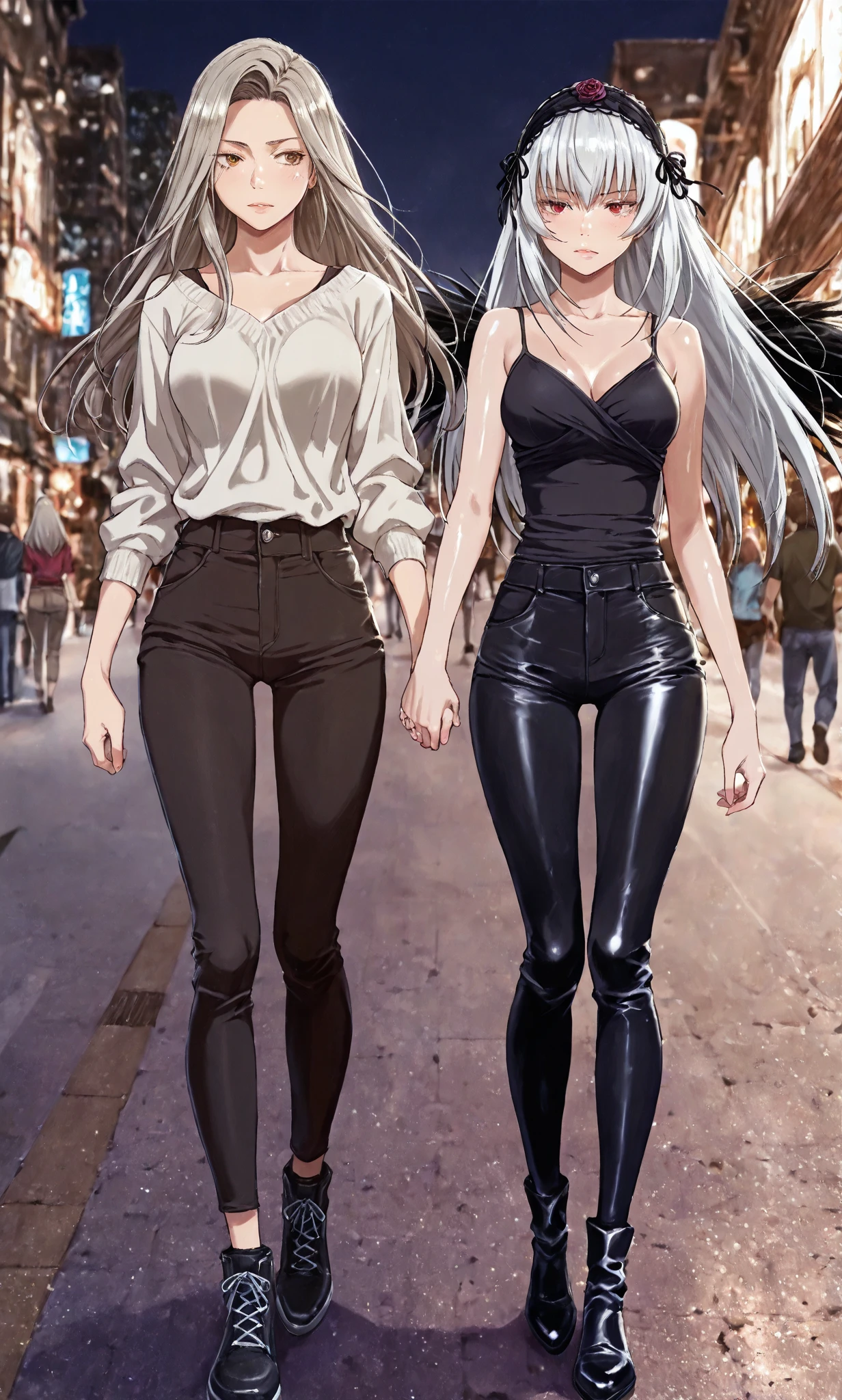 (1 Sister:1.5),(Best quality at best,4K,8K,A high resolution,tmasterpiece:1.2),ultra - detailed,(actual,photoactual,photo-actual:1.37),black suit jacket,sliver long hair,girl with Redlip,girl in suit jacket,girl in elegant clothing,Redlip,Perfect application for lipstick,(beautidful eyes:1.4),(white shirt:1.5),silber hair,a purple eye,light smile,Happy expression,highlydetailed skin,Stunning face,Long eyelashes,black eyeliner,An artwork of,(Black belt:1.2),white shirt,Dangle earrings,(regular suit:1.2),Full body lesbian