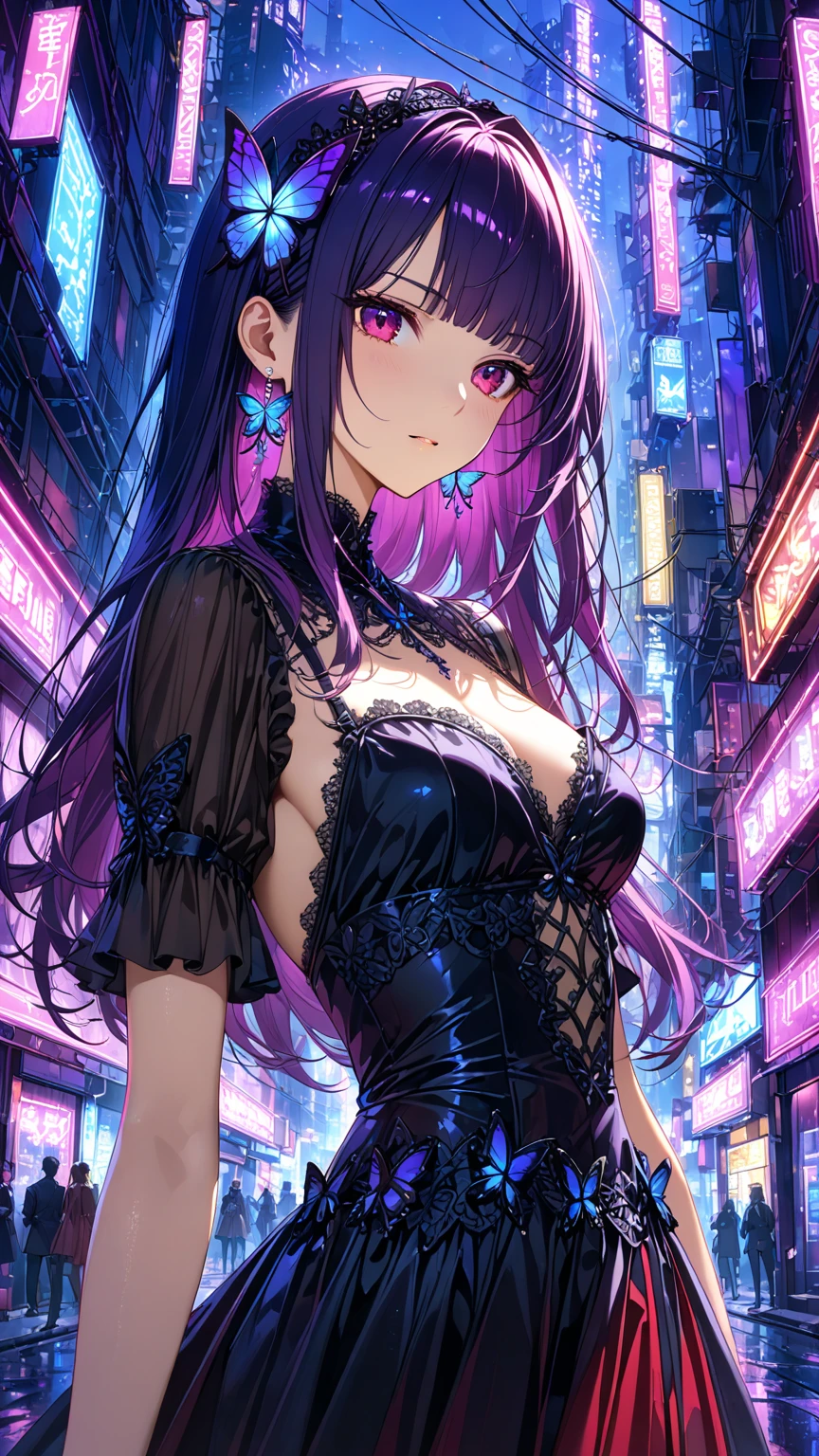 The middle of a journey,(((Super detailed, 8K quality))),,hair above one eye, red eyes, clear eyes, open jacket,anime style, movie portrait photography, 1 female, 22 years later,look up at the sky、reach for the sky、blue eye background, big and full breasts, anger, (scarlet hair), long hair, purple eyes, wearing a short black dress, (natural skin texture vivid details, surreal, (realistic detailed eyes, natural skin texture, realistic facial details), Depth of written boundary, Bokeh, vivid details, surreal, 35mm movie,lipstick, ear piercing, eye shadow, hoop earrings, red pink lips, 多色のred eyes, purple theme,Wear an iridescent aura,beautiful eyes,purple carpet、stick out tongue,hanging bangs,sit,The colors of the sunglasses are white and purple,((Squad Position)),((leaning forward)),black stockings、squat、get down on all fours