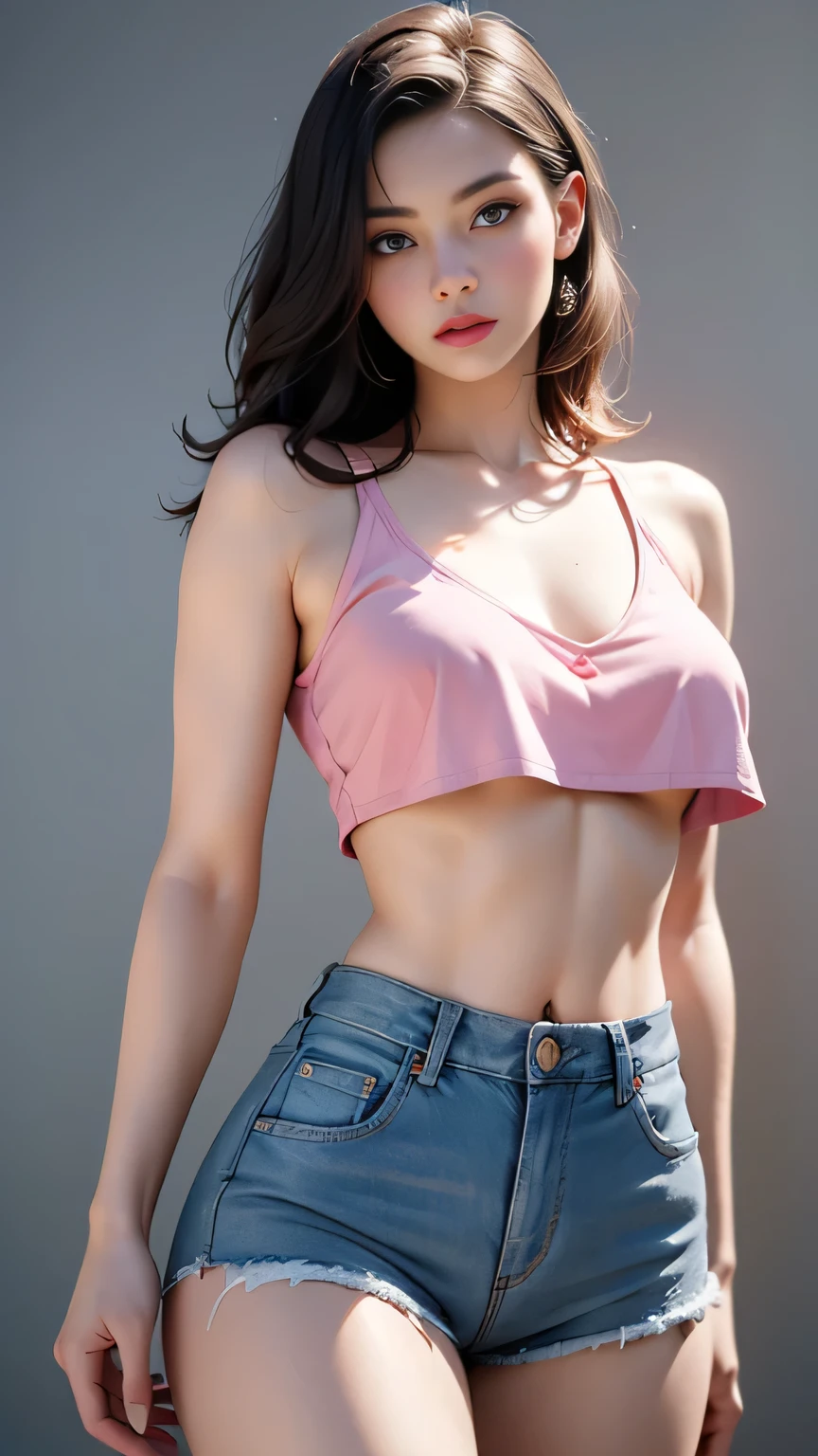 8k, masterpiece, RAW photo, best quality, photorealistic, extremely detailed CG unity 8k wallpaper, Depth of field, Cinematic Light, Lens Flare, Ray tracing, (extremely beautiful face, beautiful lips, beautiful eyes), intricate detail face, ((ultra detailed skin)) 1girl, in the dark, deep shadow, pretty korean girl, kpop idol, 1 girl, (very slim slender fit-muscled body:1.3), ((looking at viewer)),(big smile:1.3), (tight pink pants), (laced pants), (midnight, dark night, (neon sign), (blurred background), dim light), (without people in the background:1.3), beautiful earrings, bracelets, necklace, pantyhose, clear eyes, walking , front shot, (pale skin), (big eyes), face forward, (full body shot), ((silk hot pink shirt)), (brown hairs), (laced shirt), open navel, (looking at viewer:1.3) very slim, medium breasts, hermes bag, (camel toe), thick thighs