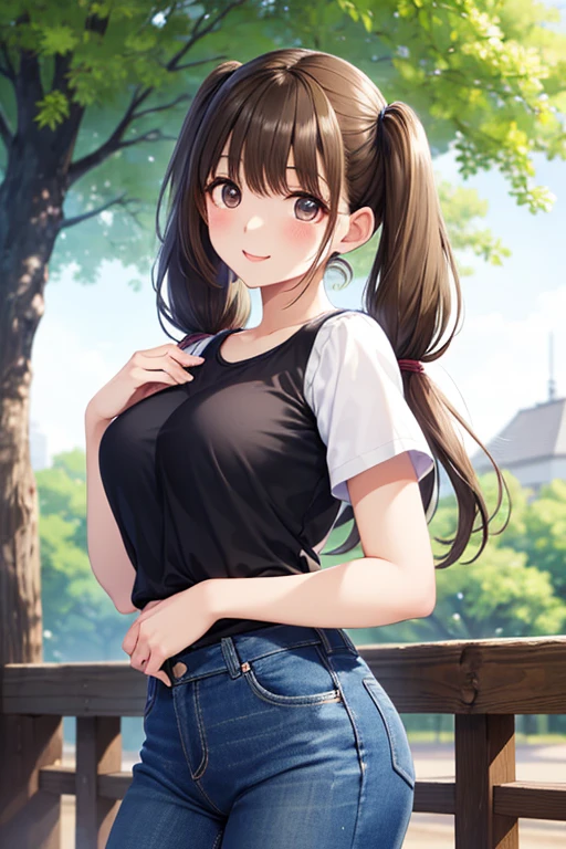 one girl、(twin tails)、Tees、denim pants、公園の大木の下、charming pose under a large tree in the park、evening、Big Smiles、
、
.
,,,,
.
.
.
.
, ...
.
.
、,
,( masterpiece, best quality, high resolution, ultra high resolution, pixel perfect, depth of field, 4K, RTTX10.0),
、Anegasaki Nene, shiny brown hair, beautiful brown eyes, smiling face, sparkling pupils, (fine grain), , highly detailed face,, (masterpiece:1.2, best quality), ((only1 girl)), ((cowboy shot))