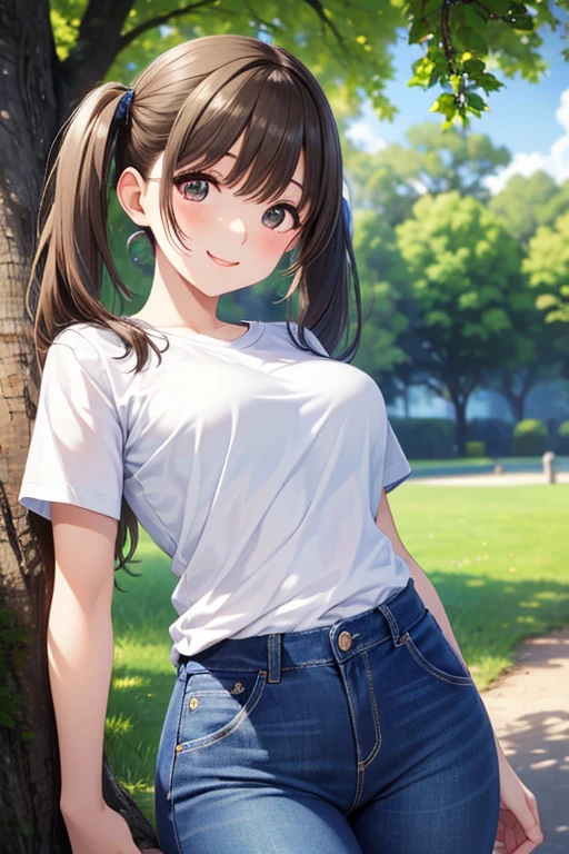 one girl、(twin tails)、Tees、denim pants、公園の大木の下、charming pose under a large tree in the park、evening、Big Smiles、
、
.
,,,,
.
.
.
.
, ...
.
.
、,
,( masterpiece, best quality, high resolution, ultra high resolution, pixel perfect, depth of field, 4K, RTTX10.0),
、Anegasaki Nene, shiny brown hair, beautiful brown eyes, smiling face, sparkling pupils, (fine grain), , highly detailed face,, (masterpiece:1.2, best quality), ((only1 girl)), ((cowboy shot))