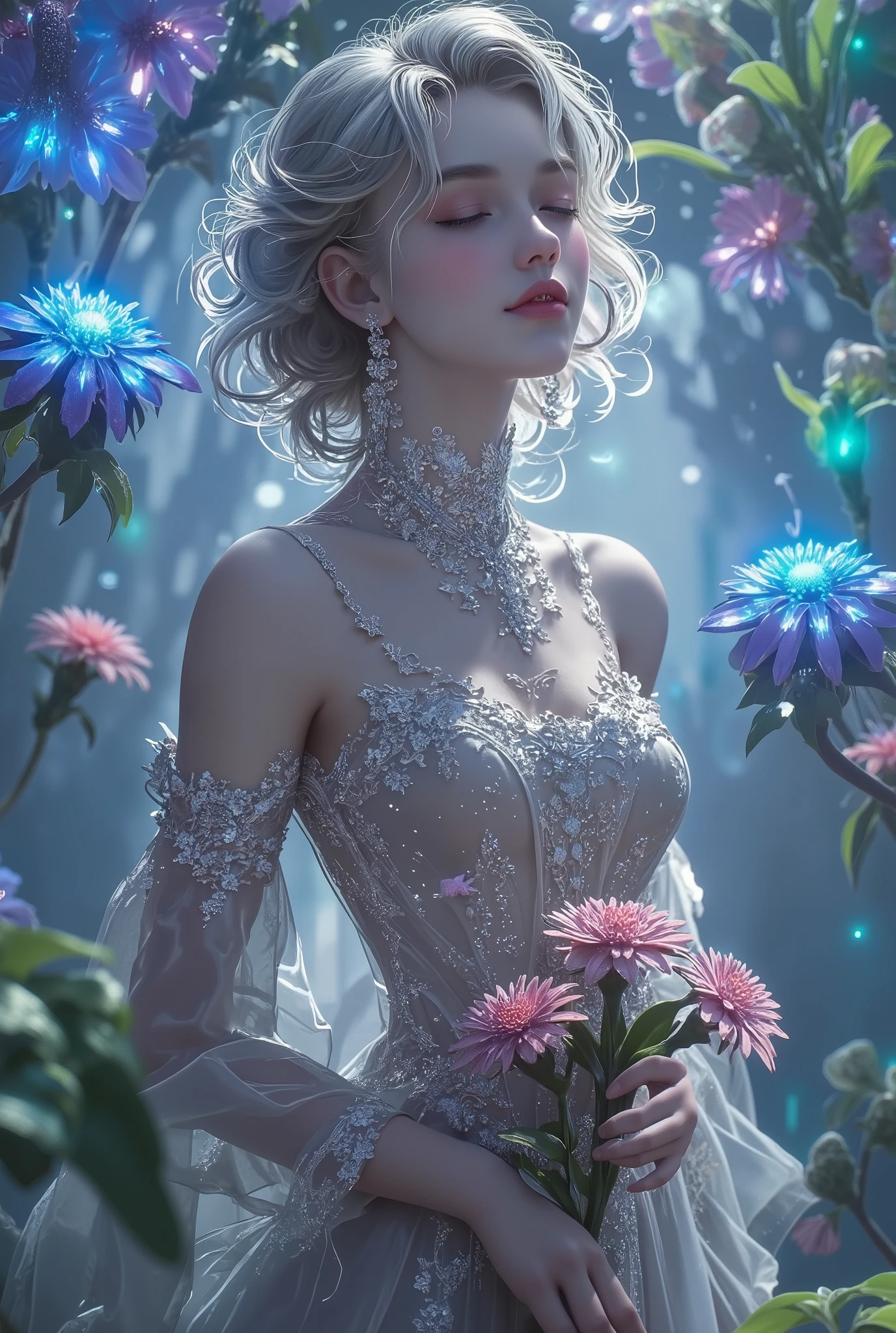 messy lines, iridescent color scale, (full-length portrait: 1.5), (far focus design: 1.5), A beautiful girl, High-gloss lilac satin clothes, Proud, shy, jewelry, Bright pupils, Eyes facing the central focus, wrapped in lilac metallic screen, Exuding an aura of dark fantasy and hatred, Intricate and exquisite details, Highlight fine lines, rich color palette, rainbow colors. Added to enhance the overall ambience, Beautiful details shine, vibrant and perfect, through double exposure technology, Eerily beautiful fog enveloping the landscape, Delicate crystal structure shines, ethereal light, vibrant red roses, blushing nose, high detail, background of detailed and intricate lilac and iridescent flowers, dynamic pose, Concept art, UHD, anatomically correct, super detail, best quality, 8k