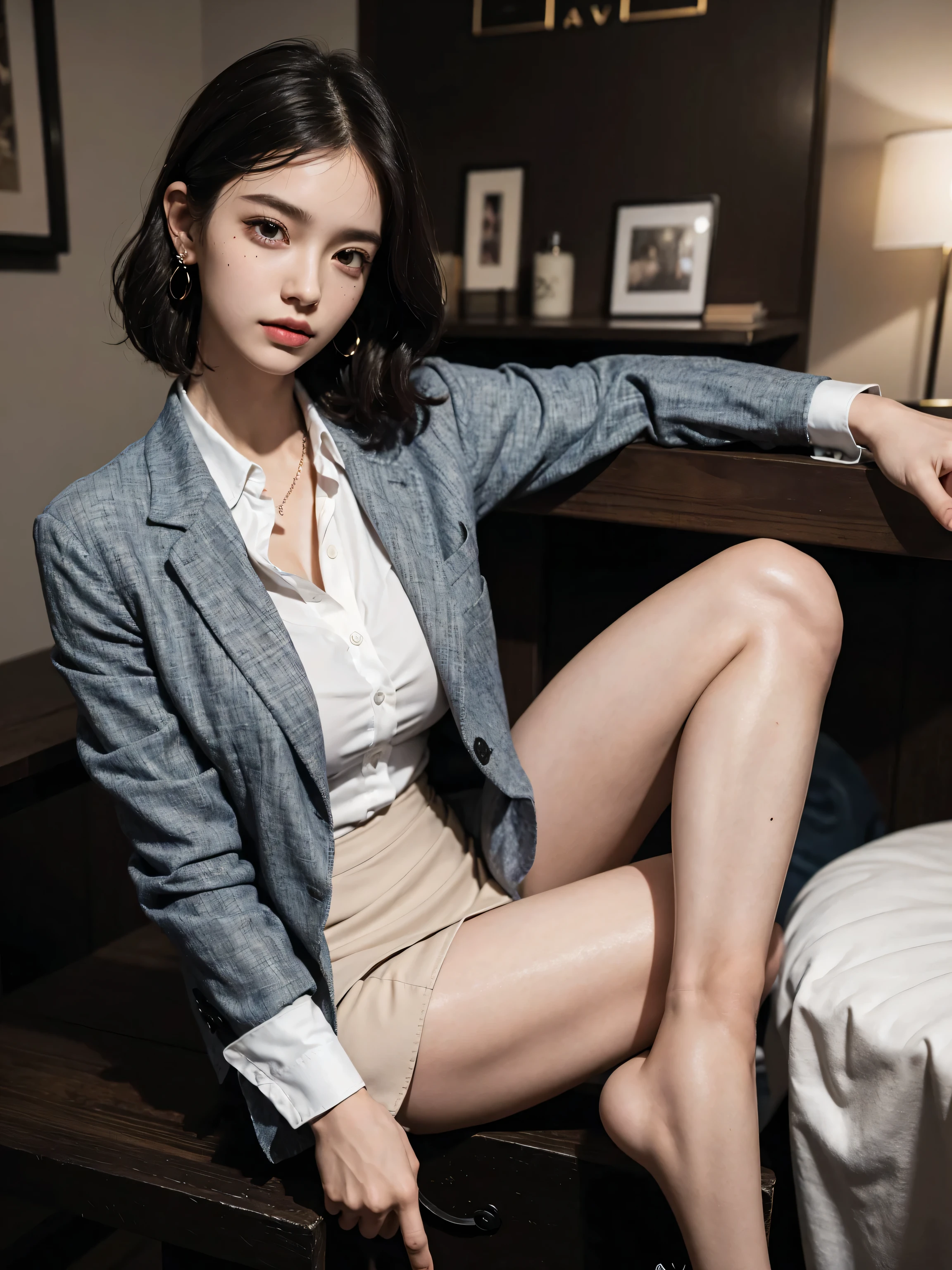 (Better Quality, 8k, 32K, main part, Ultra HD: 1.2), 1 girl, Beautiful Japanese Women, Narrow waist, Glowing Skin, Gray suit, Open jacket, officeの女性スタッフ, suit, mini skirt, office, Mesa, (Crossing your legs: 1.2), Thin face, short hair,Leg spread,pants,underwear