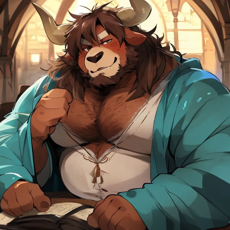 Normal fat muscular goat, furry, normal fat muscle, sweaty, plump, sitting on bench in garden,frilled dirndl,from above,looking up, yellow pants short, scratching his crotch, half body, yellow short, 5 fingers, claws, hair brown, pubis hair brown, cuerpo peludos,pelaje del pecho marron, pubis marron, purple shirt, perfectly drawn,  perfect eyes, perfect eyes structure, 
