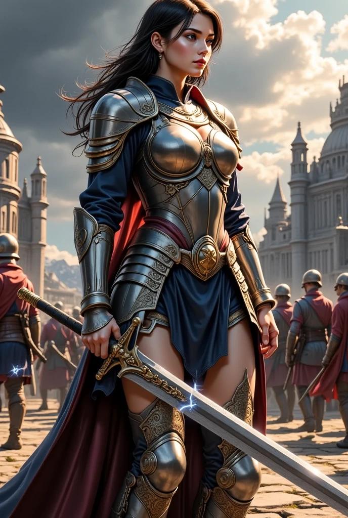 Cowboy Shot、Very beautiful woman、Slender women、(Detailed face)、Realistic Skin、((Lightning Knight)), (Ebon Armor)、((((Jet black armor with extremely intricate and detailed decorations.))))、((Delicate photo)),(Girl Astepeace RAW Photo Details:1.25), (highest quality:1.6), (超A high resolution:1.5), (Realistic:1.75), 8K resolution, Canon EOS R5, 50mm, Absurd, Ultra-detailed,Cinema Lighting,Battlefields of Medieval Europe、((battle))、RPG World、Final Fantasy、(((Embellished skirt)))、Thigh-high socks、Shin Guards、night、((Long hair with bangs,))、Get six-pack、Torn Cloak、Beautiful Armor、(((Giant Sword)))、In combat、The wind is blowing、((Asymmetrical Armor:1.5))、(((thunderstorm)))、((Knight Commander))、(((Leading a large group of black knights)))、Banner、Wolf Pattern:1.5、(((Battle Scene)))、