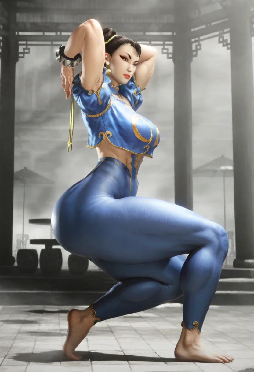 Chun-Li from Street Fighter 3 , identical to the game, always repeat the same face, always repeat the same characteristics, always repeat the same proportions, always repeat the same shapes, totally realistic, totally realistic, extreme quality, high definition, diagonal back view, wearing micro bikini, round ass, huge ass