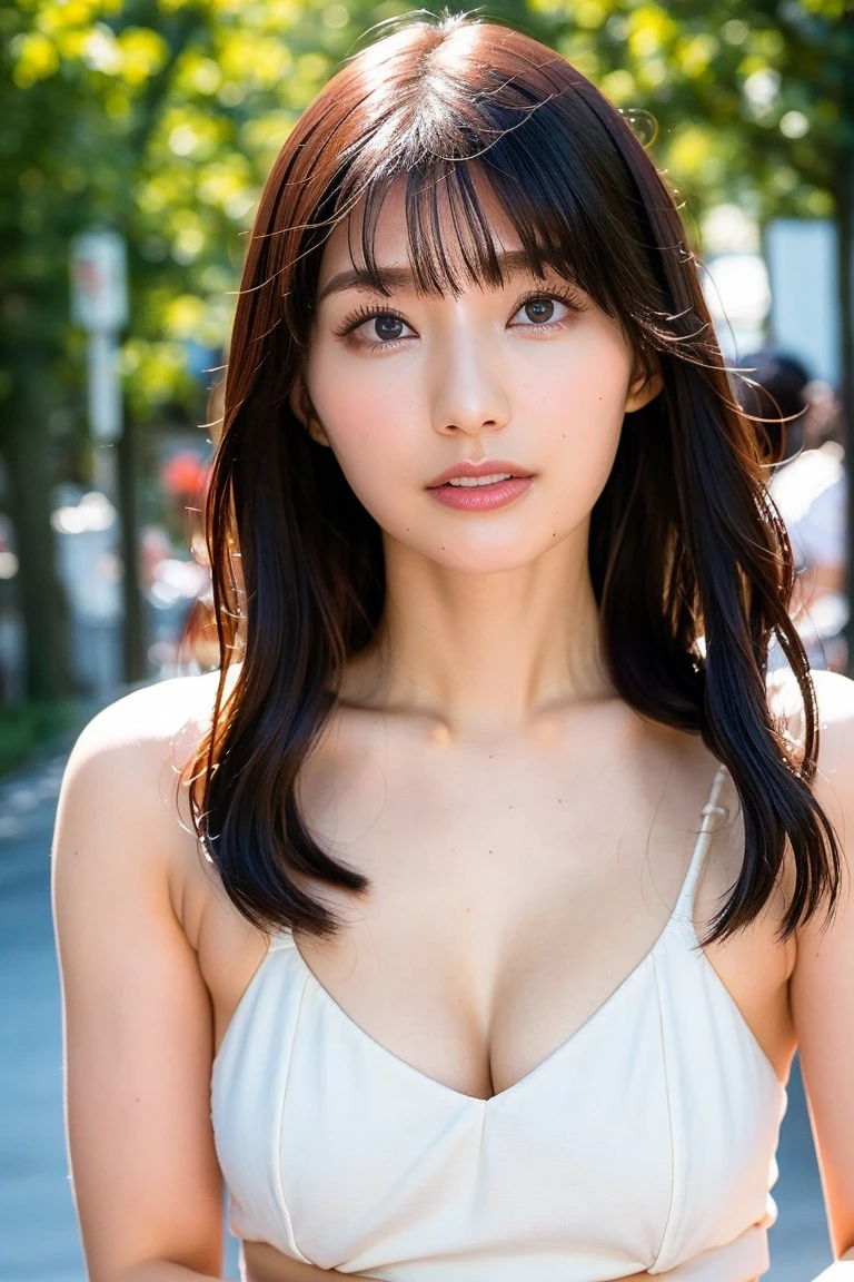 realistic, high quality, a bikini girl walking on street, Detailed iridescent bodysuit with beautiful fractal or marble design:1.5, cleavage, beautiful face, beautiful lips, golden long hair, high quality, insane details, professional lighting, cool pose, cinematic, 8k wallpaper, smiling, sharp