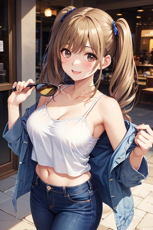 gonzarez, masterpiece, Serenaj, 1girl, grey headwear, solo, jewelry, thighhighs, bra , jeans, smile, breast, medium size chest 
