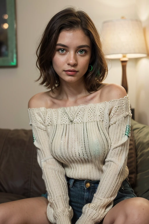 1 chica en, edad24, Solo, pelo largo, normal , mirando al espectador, cabello rubio largo, desordenado y ventoso, Blue eyes, hombros descubiertos, joya, cuerpo completo, un collar, fuera de los hombros, Sweaters, realista, un sexy