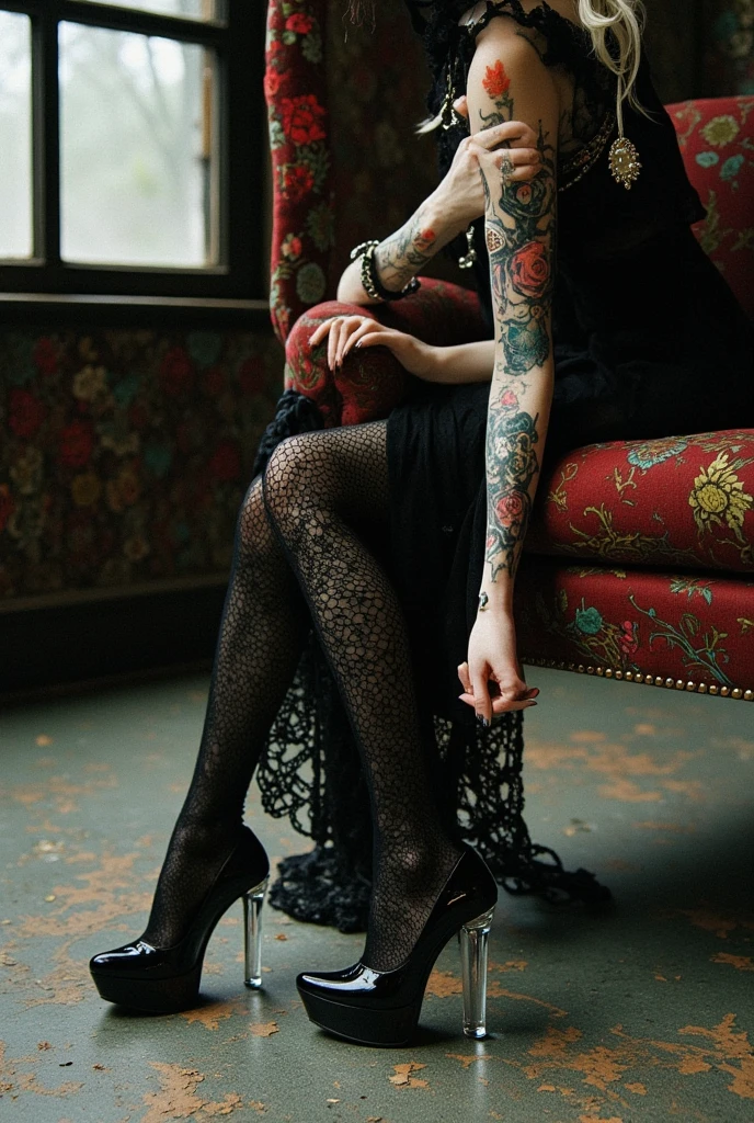 (full bodyesbian:1.5)，((Girl):1.4),(view the viewer:1.4)，(anatomy correct:1.3),(sitting on a bus:1.2),(Black sexy lace V-neck dress :1.2),((Black stockings):1.3),( Girls pointed-toe thick heels :1.1)，(foot ring:1.3),(Accurate and perfect face:1.3),(Tattoos with a large area of the whole body，tattoos on the arms，Tattoo on the chest，leg tattoos)，hyper HD, Ray traching, reflective light， structurally correct, Award-Awarded, High detail, Fade-in and fade-out shadow contrast, Face lighting ，Cinematic lighting, Masterpiece, super detailing, High quality, High detail, Best quality, 16k，High contrast,