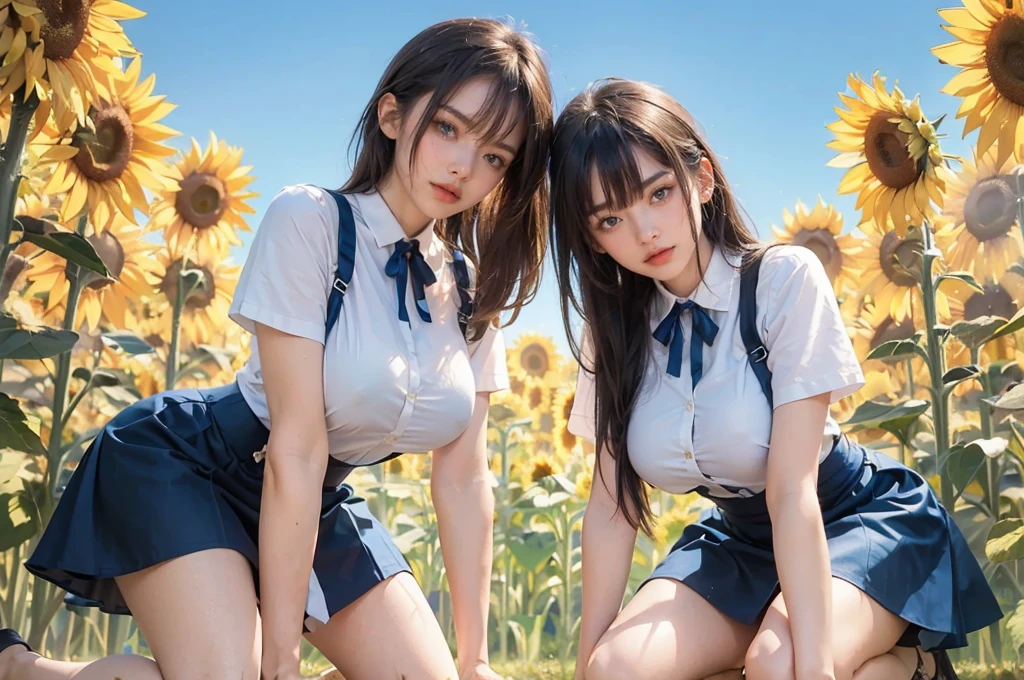 8K、RAW Photos、Highest quality、Super detailed、Super Resolution、Ultra HD、8K壁紙、Amazing details American blazer uniform girl ((White blouse with formal collar, Blue blazer, Blue plaid skirt, Red checkered ribbon on blouse)), Complete limbs, Full Finger,
A large sunflower field in the countryside、Straight road、Walk through the sunflower field,smile、sun、School bag、Heart Necklace
(((Emphasize cleavage)))
(((Full body photo)))
((Blue sky))