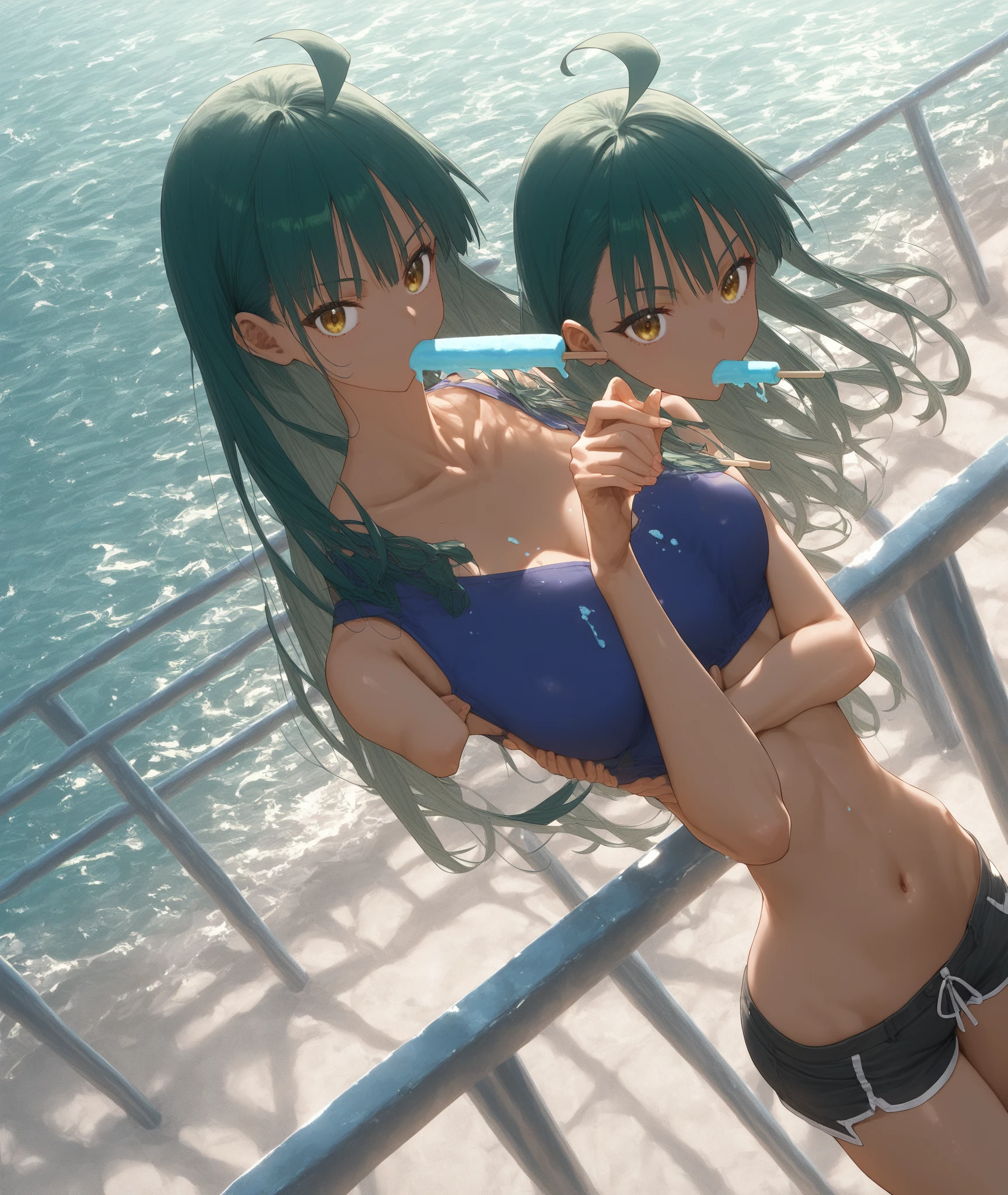 Rias Gremory, High School DXD, ocean background, (swim suit), big , sexy pose, sexy body, perfect figure, hot, summer time, beach, sunset, ((bikini)), long hair, ((bare arms)), (back view)