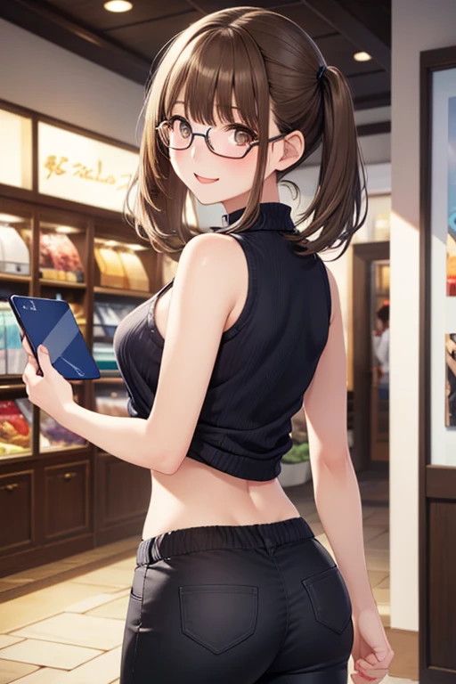 Purple eyes, yellow swimsuit, short, short hair, brown hair, no chest, golden necklace, clothing store, black glasses, smile, standing