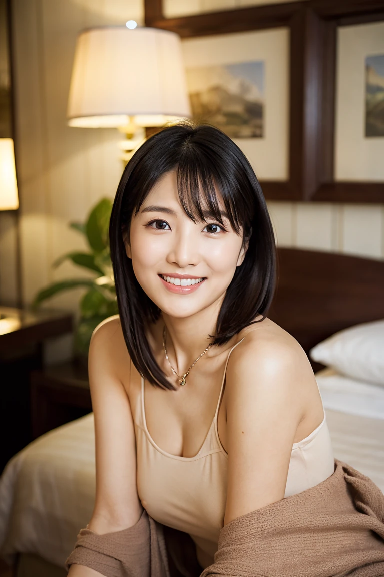 masterpiece, Best quality, Skinny Japanese woman, 40 years old, sexy nightwear, on the bed in a hotel room, correct body structure, slight smile, perfect face, detailed face, detailed eyes