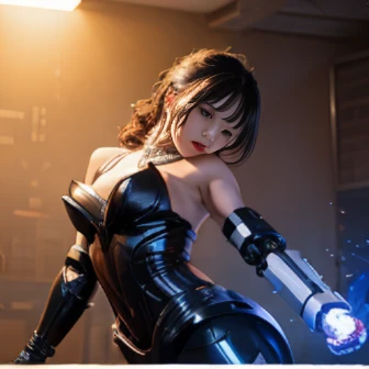 do,Highest quality, 超A high resolution, (Realistic)、RAW Photos,(every time :1.2), (Portraiture), Surreal:1.1, Mature Woman, Plump face:1.2, sexy, Highest quality, Very detailed, Very accurate, One Woman, ((Blue, Purple and Red Ultraman, Fixed to an X-shaped experimental device)), ((Complex Machine Experimental Equipment, Iron laboratory bench, Connected to so many cables)), (An elaborate Ultraman suit, Intricate Design), ((Halter neck, High leg cut, Exposed thighs, Long gloves, Latex Thigh Boots, Stiletto heels)), ((Shiny Costume)), Black-haired:1.3, Short Bob Hair:1.2, Big eyes:1.4, Droopy eyes, Solid eye makeup:1.3, Big ample breasts:1.1, Detailed eyes:1.4, Looking at the viewer:1.2, Dark Space, Spotlight,