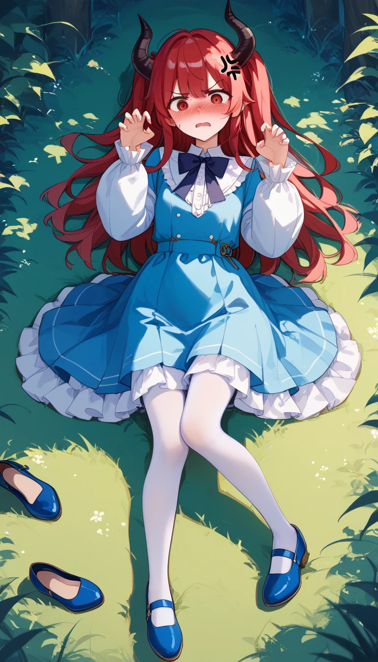 masterpiece,best quality,1girl,full body,solo,blue eyes,eyeliner,looking at viewer,long hair,red hair,bangs,hair between eyes,skirt,black over-kneehighs socks,flower,outdoors,tree,