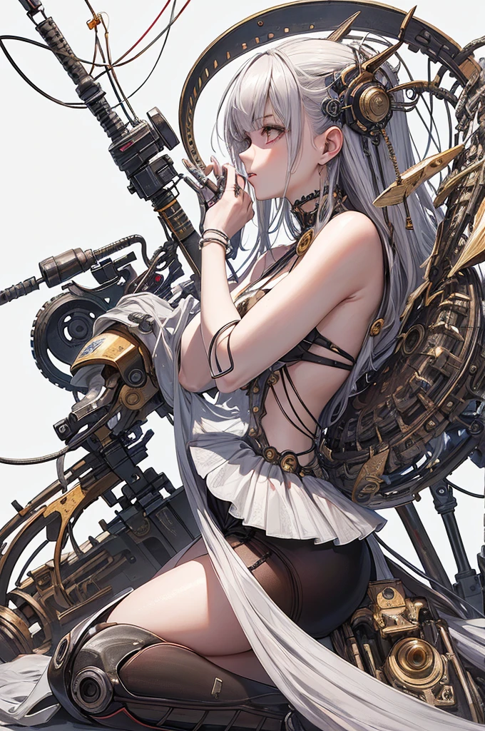 (nsfw:1.2),(Realistic:1.8), (Digital art:0.2), (Geometric art:1.7),(agpi official art, beautiful and aesthetic, ultra detailed, beautiful, masterpiece, best quality:1.6), (1girl:1.2), Detailed face, Detailed eyes, Detailed hair, young fingers, Detailed fingers, five fingers, BREAK cute ig model, Japanese cute model, 22 years old, Tightened all body, small head, small face, small mouth, diamond Face, small nose, Sharp Faceline, (dropy eyes, Double eyelid, Light color eyes, Glossy eyes, Shiny eyes:1.2), Shiny skin, shiny hair, (gray hair:1.2),
_
BREAK (happy, smile, Teeth, Glossy Lip:1.2),beautiful Teeth, (all body:1.5), focus Sneaker,
_
BREAK (geometrical pattern:1.3), (layered black micro-bikini over a white micro-bikini:1.4),(Detailed swimsuit:1.2) (black:1.2, White:0.8),
BREAK (high-tech boots-inspired sneakers:1.2),
BREAK ( silver accessories:1.2), ( large silver earrings:1.2), ( silver bracelet:1.2), ( silver anklet:1.2),
BREAK (standing and Hands on Hips:1.3),
BREAK (futuristic white background:1.2),