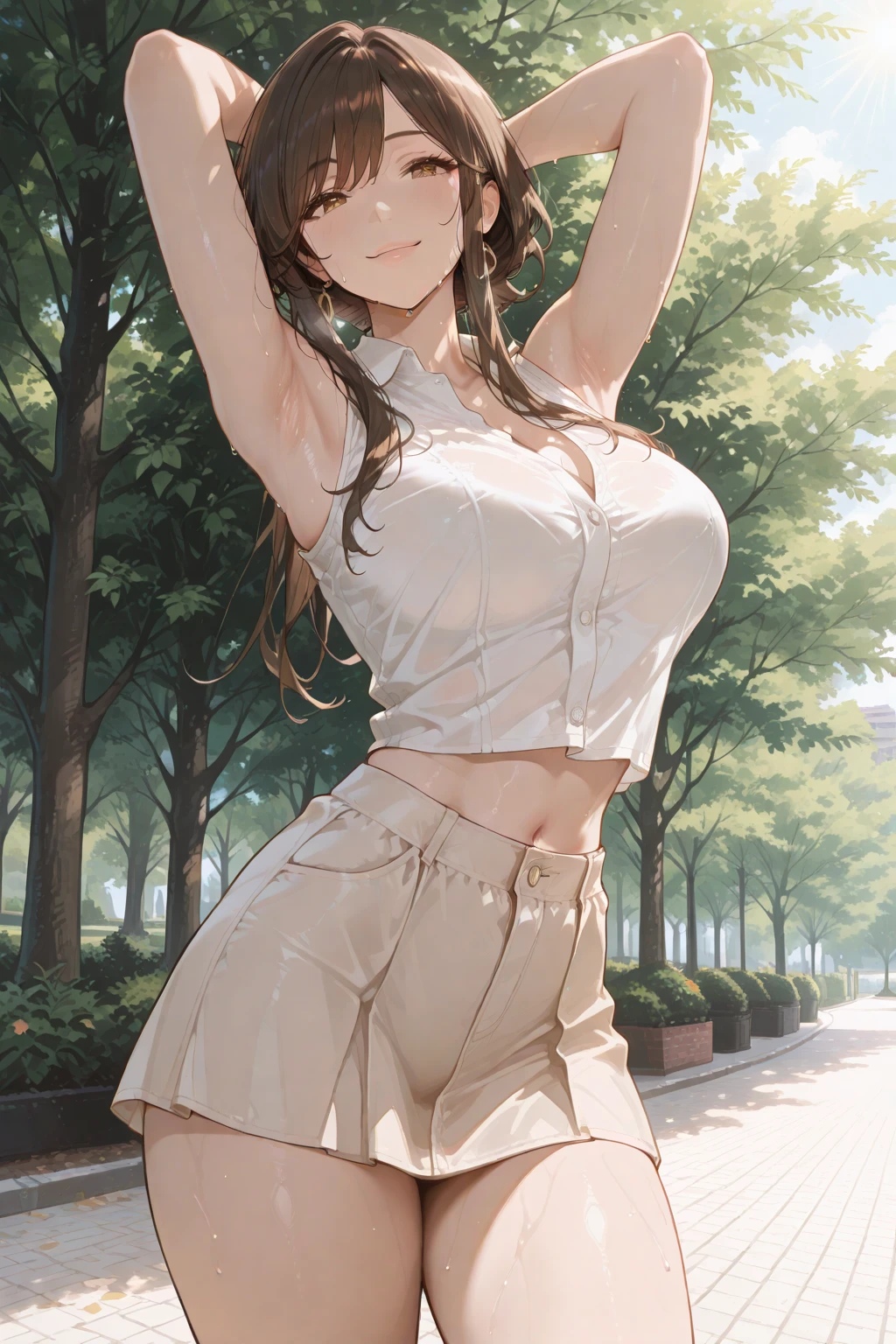 (masterpiece), (best quality), (ultra detailed), 1girl, she is drenched, sexy pose, raining, blush,medium breasts, wearing lacy camisole, happy, looking at viewer, large hair, brown hair, in the park with trees, shy, wet clothes, show nipples through wet clothes, show panties through wet shorts